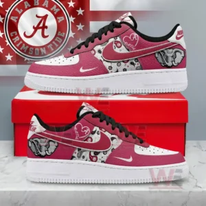 Custom Alabama Crimson Tide sneakers in red and white shown from side view on a display box!