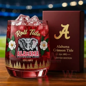 Red Alabama Crimson Tide themed glass with ice and team logo on display!
