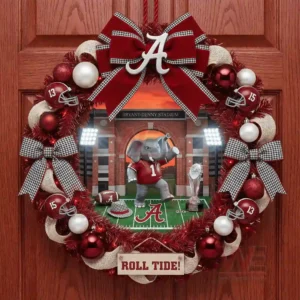 A decorative wreath hanging on a wooden door showcasing a mascot figure football elements and team colors!