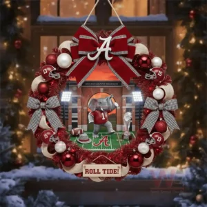 Alabama Crimson Tide Roll Tide Christmas Wreath 4 A team themed wreath hanging outside framed by holiday decorations and glowing lights!
