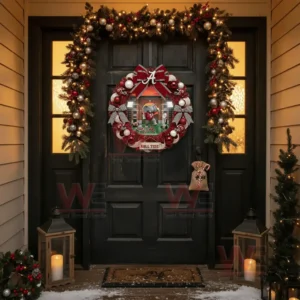 Alabama Crimson Tide Roll Tide Christmas Wreath 5 A holiday scene with a wreath on a dark door accompanied by seasonal foliage and warm lighting!