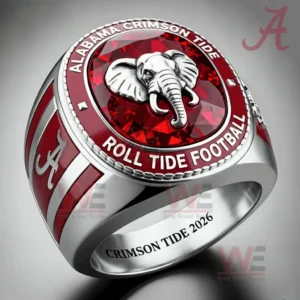 Alabama Crimson Tide red gemstone ring with elephant emblem and team text on a silver band.