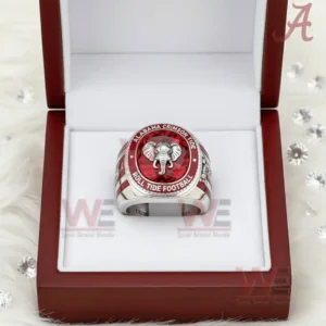 Alabama Crimson Tide ring in a red presentation box with red gemstone face and elephant emblem.