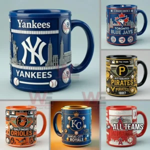 Set of baseball themed ceramic mugs showing different team logos colors and decorative city elements!