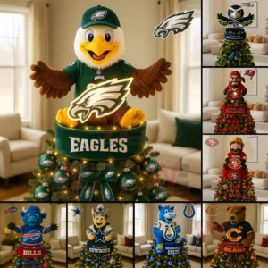 NFL team mascot Christmas tree topper display with various team themes and decorated trees.