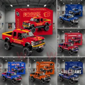 All NHL Team off-road Brick truck Building Block Set 5 Red brick off road pickup truck with hockey team theme displayed with a branded box indoors!
