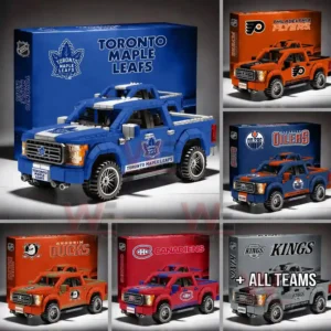 All NHL Team off-road Brick truck Building Block Set 6 Multiple brick off road pickup trucks themed for different hockey teams displayed with matching boxes!