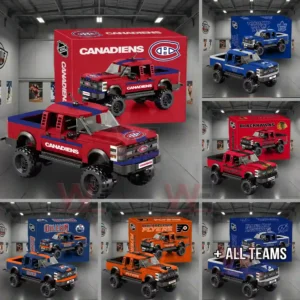 All NHL Team off-road Brick truck Building Block Set 7 Red and blue brick off road pickup truck with hockey team theme displayed with a branded box indoors!