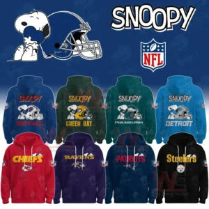 Multiple team themed hoodies with Snoopy designs football helmets bold colors and a unified collection layout!