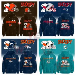 All Team NFL x Snoopy Hoodie 10 Hoodies in dark colors featuring Snoopy football helmets and team themed text designs!