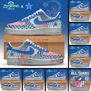 Collage of Zootopia themed sneakers each featuring blue pink and white scaled designs and different NFL team logos!