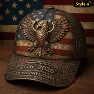 Dark distressed baseball cap with raised eagle over an American flag background ornate engraved patterns and 1776 2026 plus 250th anniversary text.