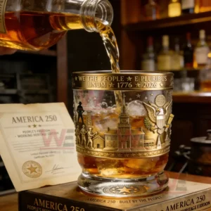 America 250 1776-2026 Whiskey Glass 4 Whiskey pouring into an engraved American heritage glass with ice creating a warm and classic atmosphere!