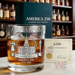 A clear whisky glass with engraved American heritage artwork placed in front of a dark green presentation box and an authenticity certificate on a bar counter!