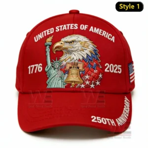 A red embroidered anniversary cap displaying patriotic icons including an eagle the Statue of Liberty and the Liberty Bell alongside historic dates!