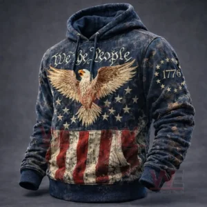 Dark blue distressed hoodie with We Be People text a large eagle graphic American flag stars and stripes and a 1776 emblem on the sleeve.