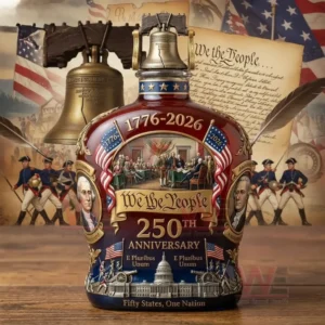 Commemorative whiskey bottle with We the People label seventeen seventy six to two thousand twenty six two hundred fiftieth anniversary artwork American flags founding figures and Liberty Bell background!