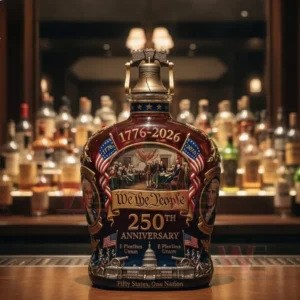 We the People commemorative whiskey bottle with seventeen seventy six to two thousand twenty six dates and two hundred fiftieth anniversary label on a bar counter with blurred liquor bottles behind!