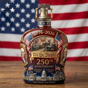 Patriotic We the People whiskey bottle with seventeen seventy six to two thousand twenty six dates two hundred fiftieth anniversary design and historic artwork placed in front of an American flag!