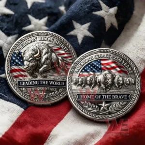 Two metallic commemorative coins with raised bison imagery and American flag elements displayed on a folded patriotic cloth background!