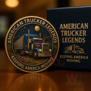 A decorative coin depicting a blue semi truck under a night sky with text honoring American trucker legends! ``