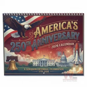 Wall calendar cover with patriotic design marking Americas two hundred fifty anniversary for the year two thousand twenty six!