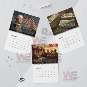America's 250th Anniversary 2026 Calendar 9 Overhead view of a wall calendar showing multiple months with historical illustrations and date grids!