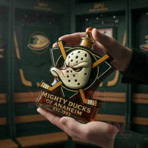 Hands holding a decorative hockey themed commemorative bottle featuring a duck mask emblem and team branding!