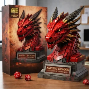 Red dragon building block statue with sharp scales horns and expressive eyes presented as a premium fantasy collectible on a display base!