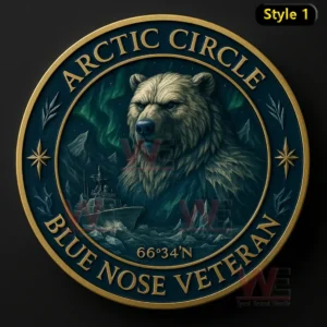 A round coin with a strong bear and an arctic ship surrounded by northern lights and polar scenery!