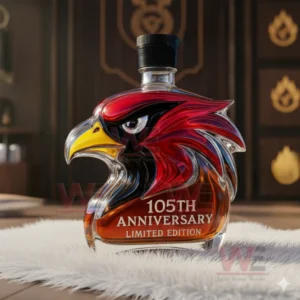 Arizona Cardinals 105th Anniversary Custom Whiskey Bottle 5 Eagle head whiskey bottle with red and amber glass in an elegant interior!