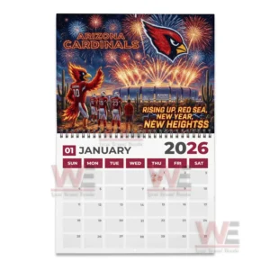 Arizona Cardinals mascot and players stand before a stadium as colorful fireworks fill the night sky!