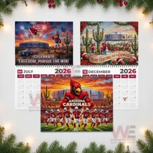 Three themed calendar pages show Arizona Cardinals scenes of celebration Christmas and team action before the stadium!```