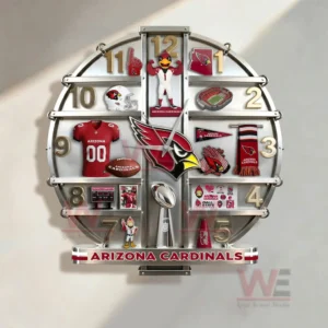Arizona Cardinals decorative wall clock with team memorabilia symbols and bold red white design mounted on a wall!