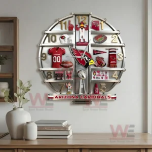 Arizona Cardinals Home Decorative 3D Wall Clock 7 Arizona Cardinals decorative wall clock displayed above a shelf with books plants and neutral interior elements!