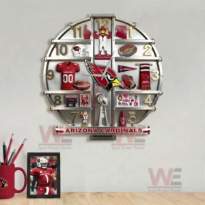 Arizona Cardinals Home Decorative 3D Wall Clock 8 Arizona Cardinals wall clock above a desk with football themed items creating a focused fan workspace!