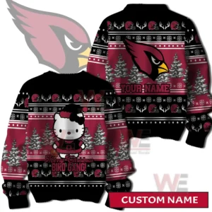 Holiday sweater with a large Hello Kitty illustration and decorative Cardinals elements in a winter themed layout!