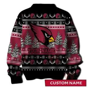 Christmas sweater back panel highlighting the Cardinals logo above customizable name text!