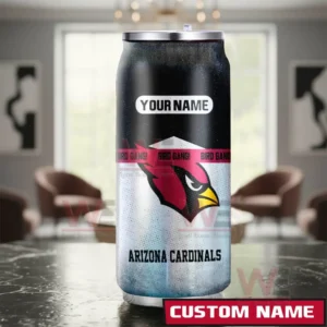 A product shot of a Cardinals can shaped tumbler with editable name text positioned indoors on a reflective surface!