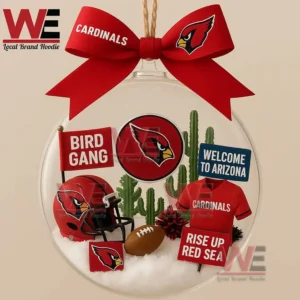 Transparent Arizona Cardinals themed snow globe ornament with red bow team logo football helmet cactus desert signs and festive decorative elements inside!
