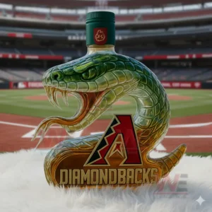 Diamondbacks snake shaped decorative bottle set on white fur with a baseball stadium behind!
