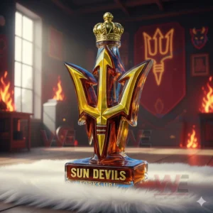 A trident themed bottle with a crown top placed in a warm glowing environment decorated with flame motifs!