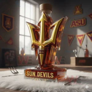 A bottle styled as a golden trident with a wooden cap shown in a collegiate setting with ASU symbols in view!