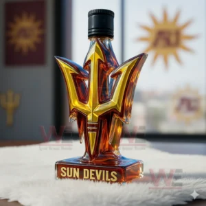 A trident styled bottle with a black cap placed in a light filled room decorated with ASU themed imagery!```
