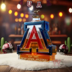 Arizona letter A shaped decorative bottle on white fur with warm bar background!