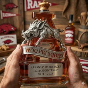 Arkansas Razorbacks 132nd Anniversary Woo Pig Sooie Whiskey Bottle 4 Arkansas Razorbacks themed whiskey bottle with metallic razorback figure and team slogan displayed in a wooden sports bar environment.