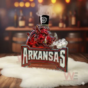 Razorback head shaped whiskey bottle with red glass and decorative smoke effect!