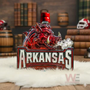 Razorback head shaped whiskey bottle with red stopper in a vintage room!