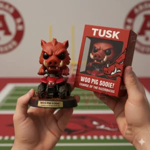 Arkansas Razorbacks Tusk Mascot ATV Pop Vinyl Figure 3 Hands holding a Razorbacks hog mascot figure on a four wheel vehicle next to a red themed display box on a football field!