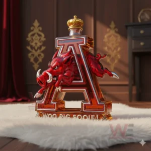 Arkansas Razorbacks Woo Pig Sooie Custom Whiskey Bottle 5 A crowned A shaped bottle with a red razorback positioned on a white rug in a luxurious room with ornate wall patterns!
